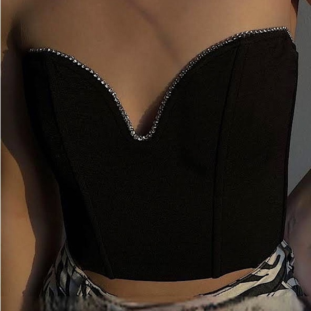 NWT ZARA Black Embellished Bustier Corset Strapless Crop Top Bloggers Favorite!